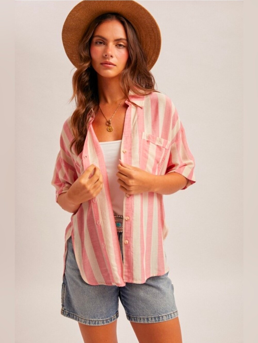 Striped Collared V Neck Relaxed Button Down Shirt